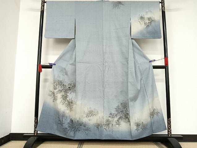 平和屋着物●訪問着 作家物 紬地 手描き 風景文 暈し染め 金彩 正絹 逸品 AAAU4362np