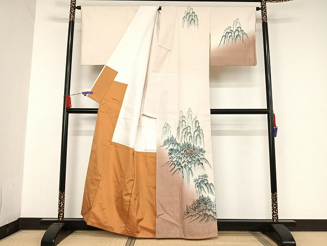 平和屋着物●訪問着 紬地 手描き 遠山風景文 正絹 逸品 AAAU4367np