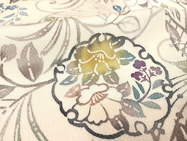 平和屋着物●嵯峨 紅型 小紋 雪輪花文 浜ちりめん 反端付き ロング丈 正絹 逸品 AAAU4383np
