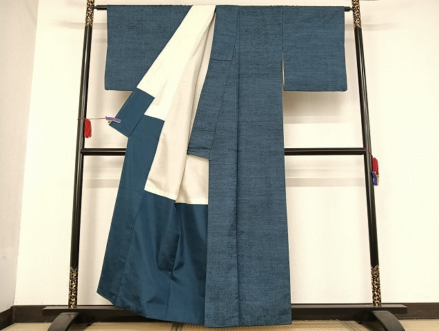 平和屋着物●上質な紬 色無地 青藍色 正絹 逸品 AAAU4388np