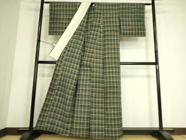 平和屋着物▽上質な紬 単衣 格子 正絹 逸品 DAAS0593az
