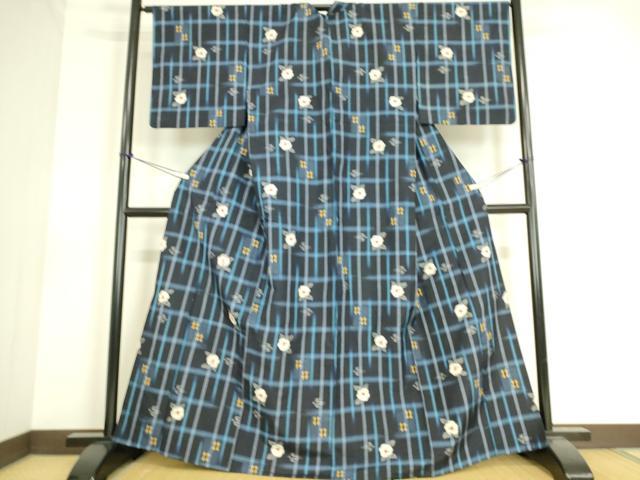 平和屋着物▽上質な紬 単衣 格子に舞花 正絹 逸品 DAAS0548az
