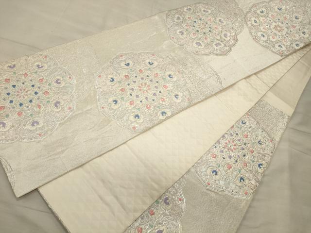 平和屋着物◎六通柄袋帯 正倉院花文 銀糸 正絹 逸品 CAAT0309ft