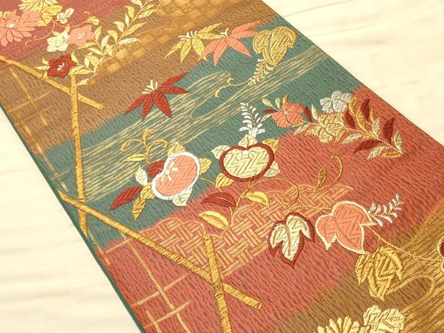 平和屋着物◎六通柄袋帯 唐織 吉祥花文 金銀糸 正絹 逸品 CAAT0333ft