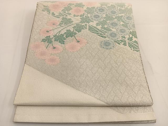 平和屋着物◎太鼓柄袋帯 綴れ 草花文 銀糸 正絹 逸品 BAAT3495ui