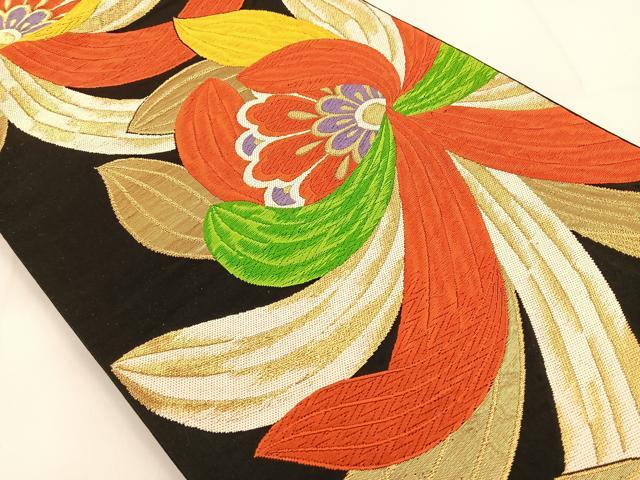 平和屋着物◎六通柄袋帯 唐織 洋花文 黒地 金糸 正絹 逸品 BAAT3479ui