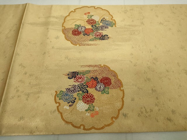 平和屋着物◎太鼓柄袋帯 雪輪飛鶴草花文 金銀糸 正絹 逸品 DAAP3206ar