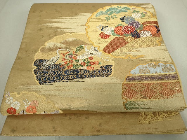 平和屋着物◎太鼓柄袋帯 雪輪飛鶴草花文 金銀糸 正絹 逸品 DAAP3206ar