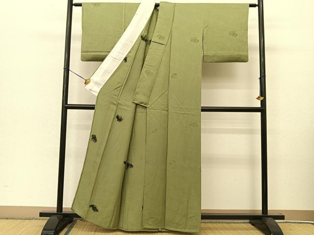 平和屋着物▽上質な小紋 単衣 笹の葉青海波 老竹色 正絹 逸品 BAAT9091yc