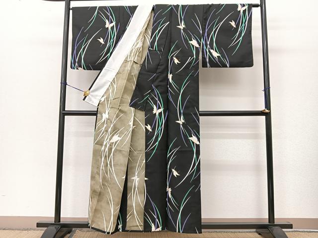 平和屋着物▽小紋 単衣 舞蝶芝草文 黒地 洗える着物 BAAT9097yc
