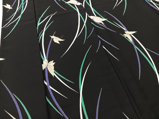平和屋着物▽小紋 単衣 舞蝶芝草文 黒地 洗える着物 BAAT9097yc