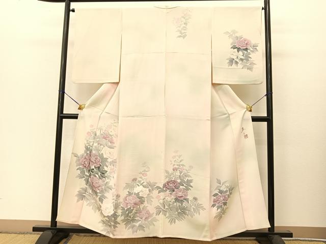 平和屋着物▽巨匠 前田華清 手描き 訪問着 単衣 手描き 草花文 暈し染め 正絹 逸品 BAAT9112yc