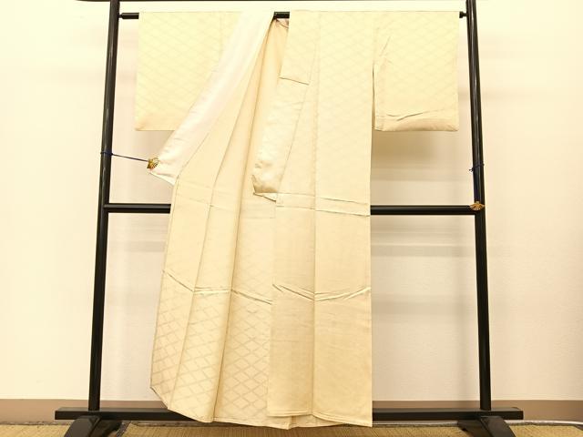 平和屋着物▽上質な色無地 単衣 入子菱地紋 鳥の子色 正絹 逸品 BAAT9113yc