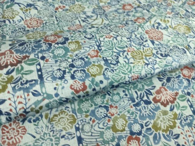 平和屋着物▽上質な小紋 紬地 単衣 型染め 流水吉祥花文 正絹 逸品 DAAS0736az