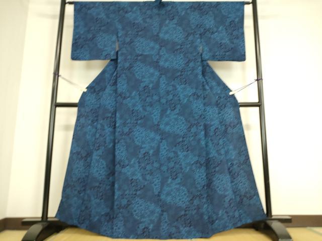 平和屋着物▽本藍 型絵染 小紋 単衣 花切嵌文様 鬼しぼ縮緬 正絹 逸品 DAAS0766az