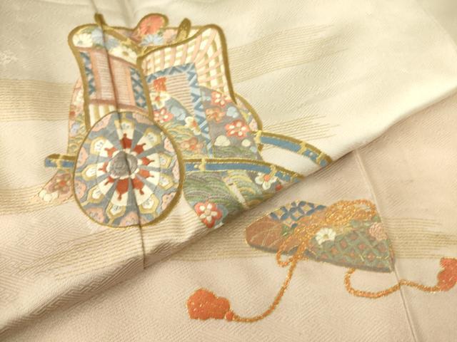 平和屋着物▽訪問着 単衣 総刺繍 御所車扇面花文 金彩 正絹 逸品 DAAS0800az