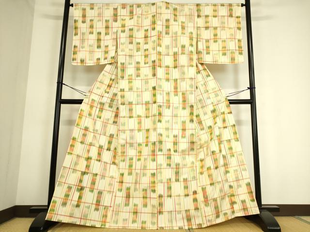 平和屋着物▽上質な紬 単衣 絣格子文 正絹 逸品 DAAS0804az