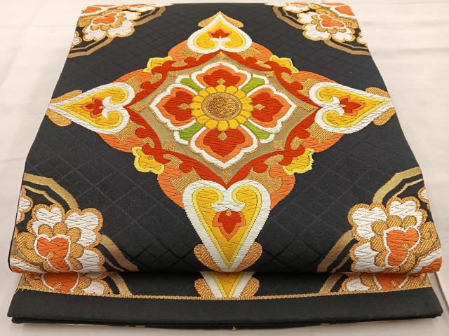 平和屋着物◎六通柄袋帯 唐織 花菱文 黒地 金糸 正絹 逸品 BAAT4543wb