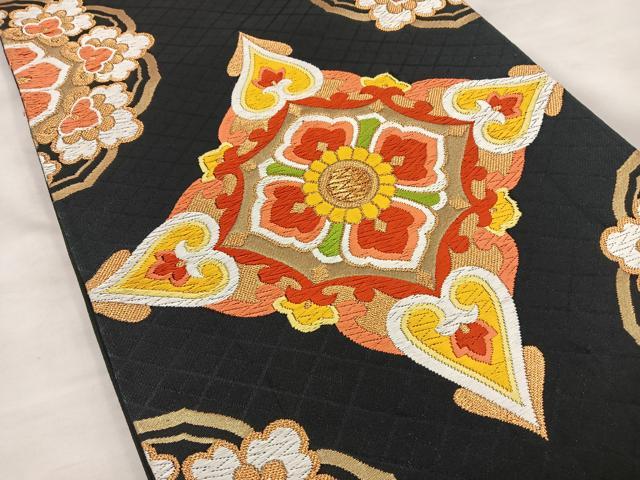 平和屋着物◎六通柄袋帯 唐織 花菱文 黒地 金糸 正絹 逸品 BAAT4543wb
