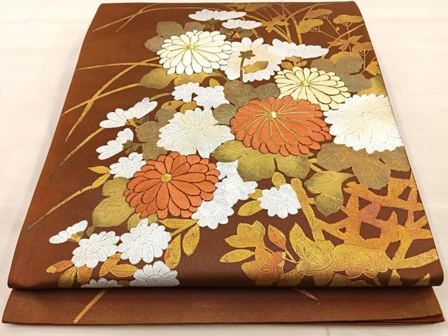 平和屋着物◎太鼓柄袋帯 刺繍 秋草文 金銀彩 正絹 逸品 BAAT9282wb