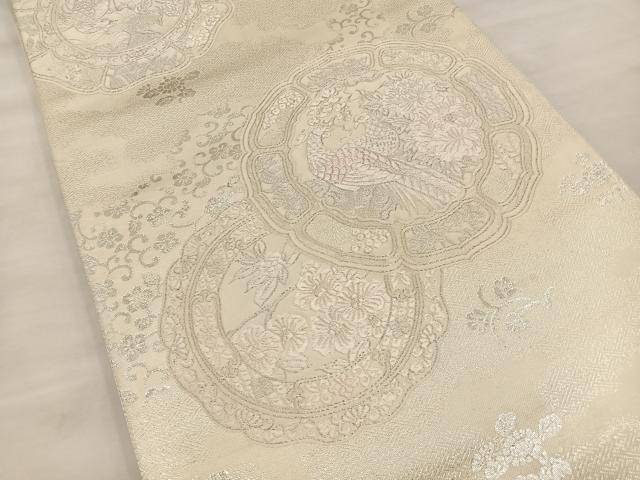 平和屋着物◎両面 六通柄袋帯 花鳥文 銀糸 正絹 逸品 BAAT4595wb