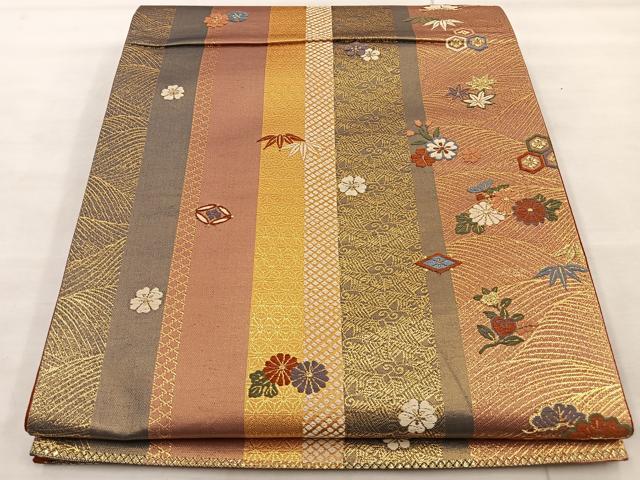 平和屋着物◎六通柄袋帯 唐織 草花文 金糸 正絹 逸品 BAAT9288wb