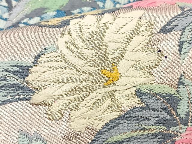 平和屋着物◎六通柄袋帯 唐織 風景花蝶文 銀糸 正絹 逸品 BAAT6221ea