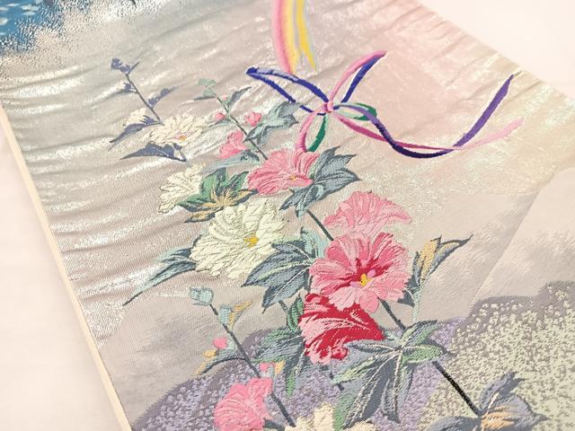 平和屋着物◎六通柄袋帯 唐織 風景花蝶文 銀糸 正絹 逸品 BAAT6221ea