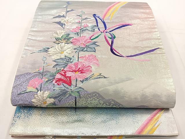 平和屋着物◎六通柄袋帯 唐織 風景花蝶文 銀糸 正絹 逸品 BAAT6221ea