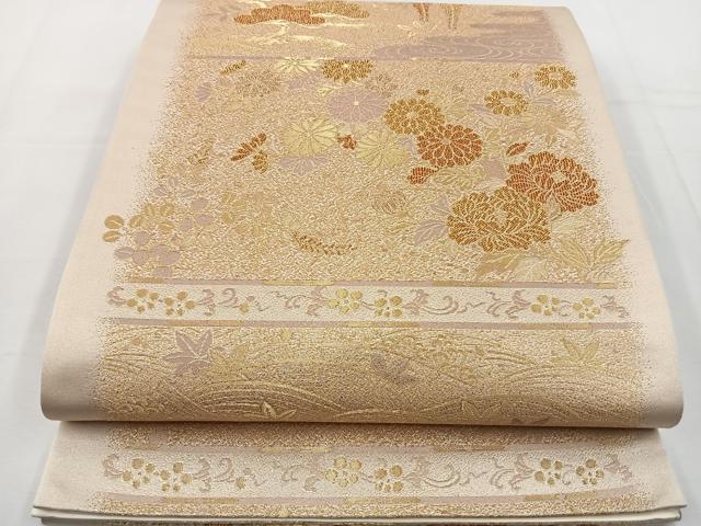 平和屋着物◎六通柄袋帯 流水秋草文 金糸 正絹 逸品 BAAT6222ea