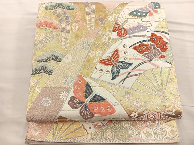 平和屋着物◎六通柄袋帯 唐織 扇面花蝶文 金銀糸 正絹 逸品 BAAR4967ct
