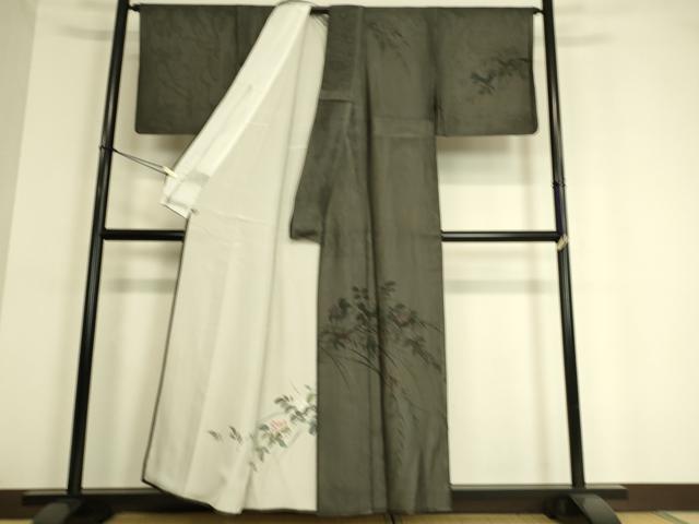 平和屋着物▽訪問着 無双 紗袷 紗×絽 草花文 手描き 黒地 正絹 逸品 DAAT9007az