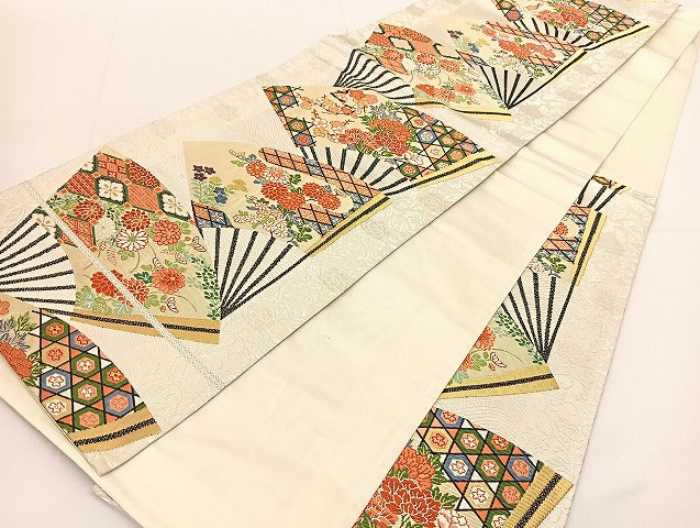 平和屋着物◎六通柄袋帯 唐織 扇花文 金糸 正絹 逸品 BAAT1787yc
