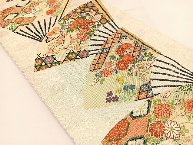 平和屋着物◎六通柄袋帯 唐織 扇花文 金糸 正絹 逸品 BAAT1787yc