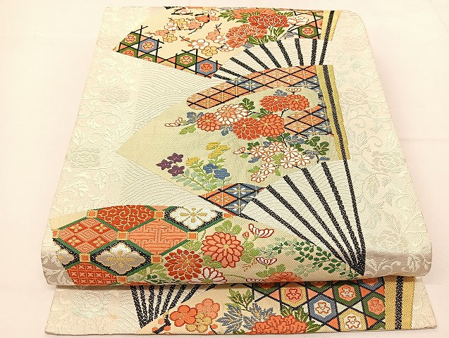 平和屋着物◎六通柄袋帯 唐織 扇花文 金糸 正絹 逸品 BAAT1787yc