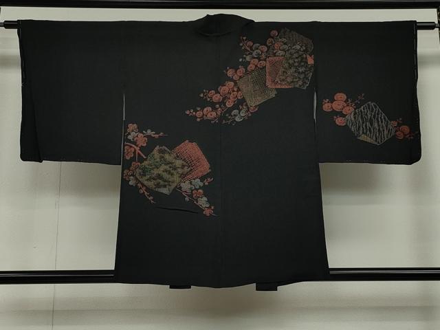 平和屋着物∞羽織 寿光織 破れ色紙枝花文 黒地 金銀糸 正絹 逸品 未使用 CAAT5722id