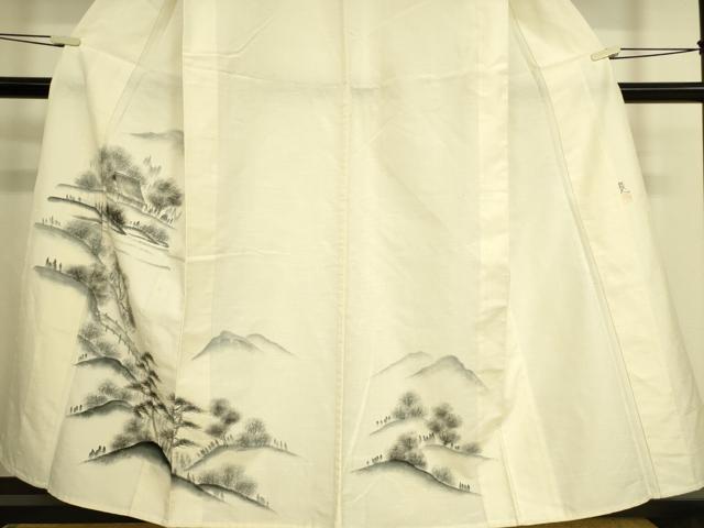 平和屋着物▽訪問着 単衣 紬地 作家物 風景渡橋山文 手描き 正絹 逸品 DAAT9135az