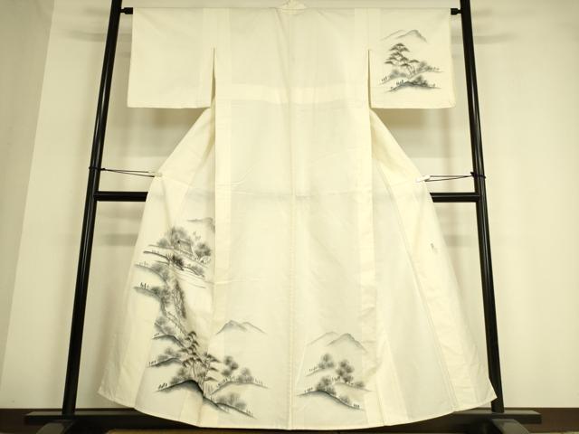 平和屋着物▽訪問着 単衣 紬地 作家物 風景渡橋山文 手描き 正絹 逸品 DAAT9135az