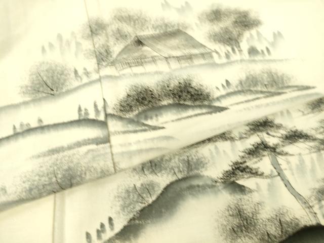 平和屋着物▽訪問着 単衣 紬地 作家物 風景渡橋山文 手描き 正絹 逸品 DAAT9135az