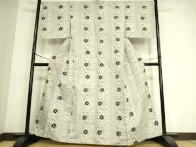 平和屋着物▽上質な紬 単衣 花唐草間道 正絹 逸品 DAAT9147az