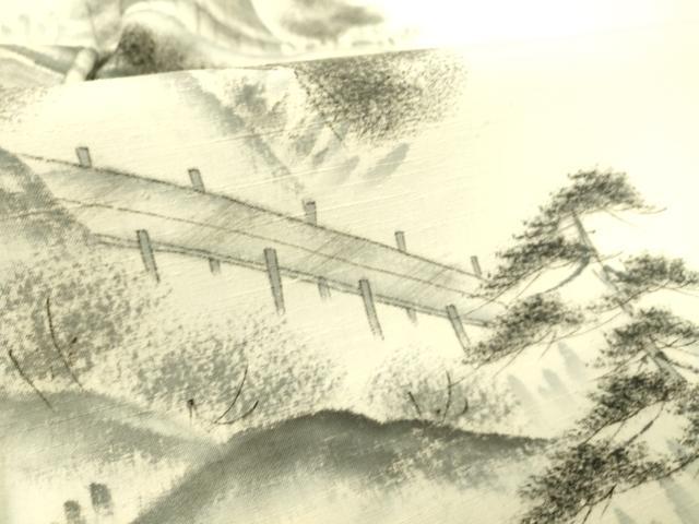 平和屋着物▽訪問着 単衣 紬地 作家物 風景渡橋山文 手描き 正絹 逸品 DAAT9135az