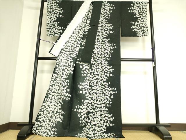 平和屋着物▽小紋 単衣 枝花文 黒地 洗える着物 DAAT9190az