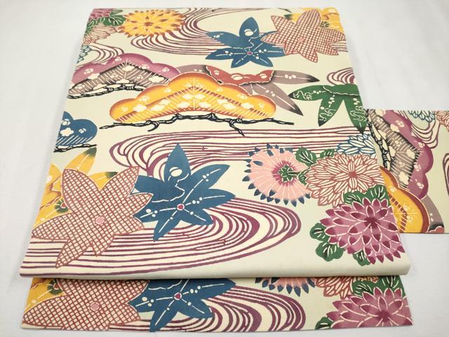 平和屋本店■極上 人間国宝 鎌倉芳太郎 型絵染 琉球紅型 九寸名古屋帯 流水枝花文 若芽色地 落款あり 逸品 CYAA2695s5