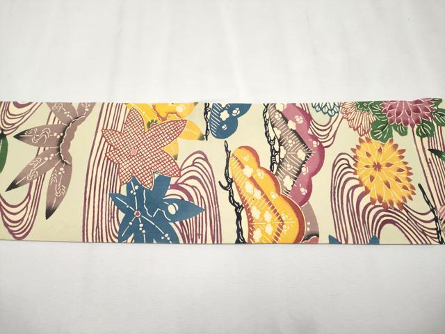 平和屋本店■極上 人間国宝 鎌倉芳太郎 型絵染 琉球紅型 九寸名古屋帯 流水枝花文 若芽色地 落款あり 逸品 CYAA2695s5