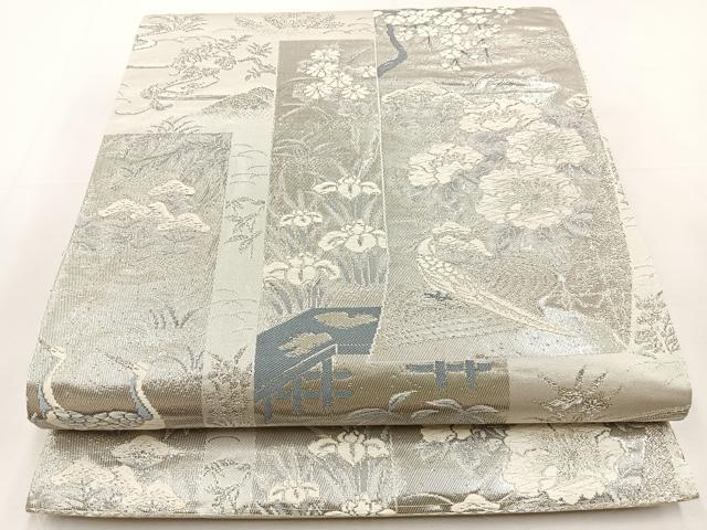 平和屋着物◎六通柄袋帯 唐織 短冊花鳥文 銀糸 正絹 逸品 BAAT9862hj