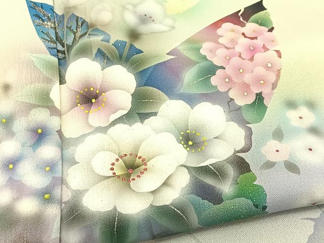 平和屋着物▽訪問着 単衣 手描き 花蝶文 銀彩 正絹 逸品 BAAT9142yc