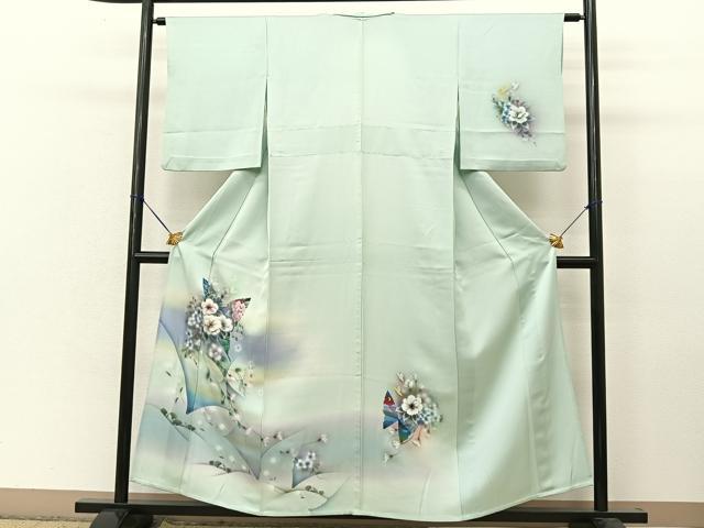 平和屋着物▽訪問着 単衣 手描き 花蝶文 銀彩 正絹 逸品 BAAT9142yc