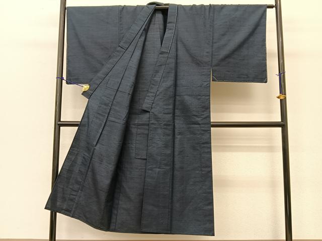 平和屋着物▽男性 桂匠結城 単衣 アンサンブル 色無地 留紺色 証紙付き 正絹 逸品 BAAT9152yc