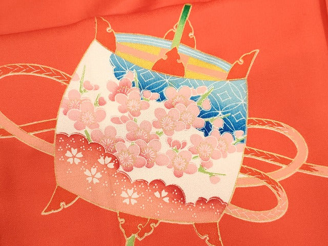 平和屋着物∵女の子 十三参り 子供 祝着・長襦袢・袋帯セット 駒刺繍 糸車草花紐文 金彩 逸品 CAAT6229ze
