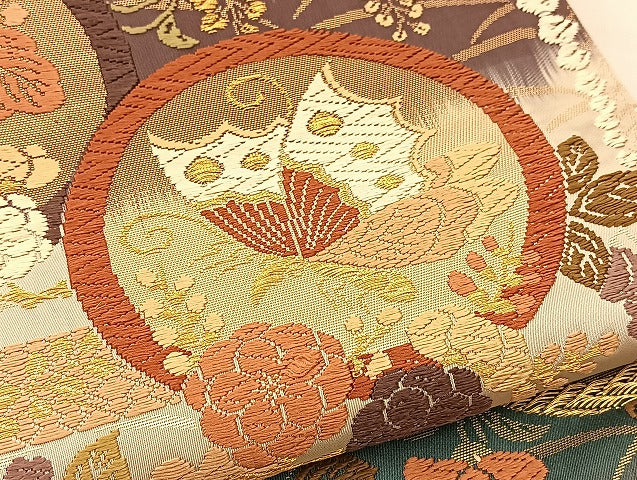 平和屋着物●六通柄袋帯 唐織 花蝶丸文 金糸 正絹 逸品 BAAU2393yc